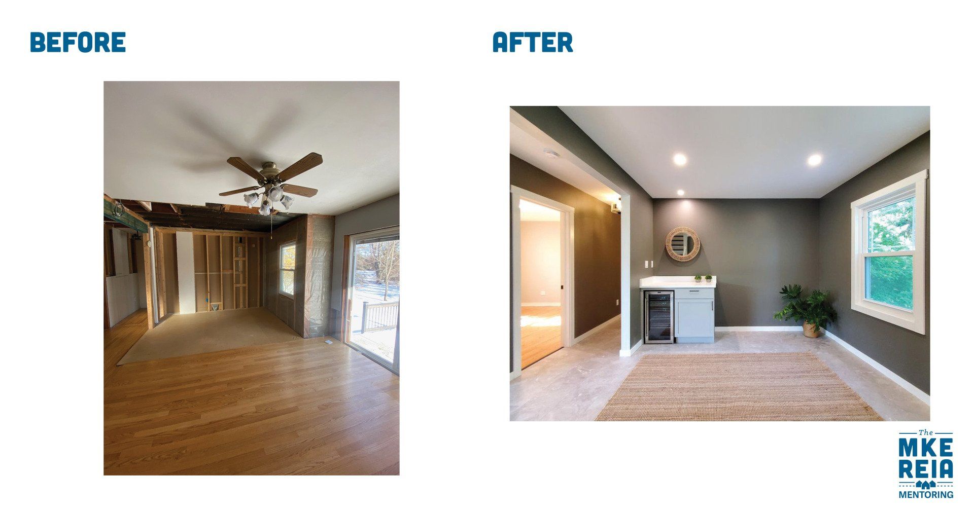 A before and after photo of a living room with a ceiling fan