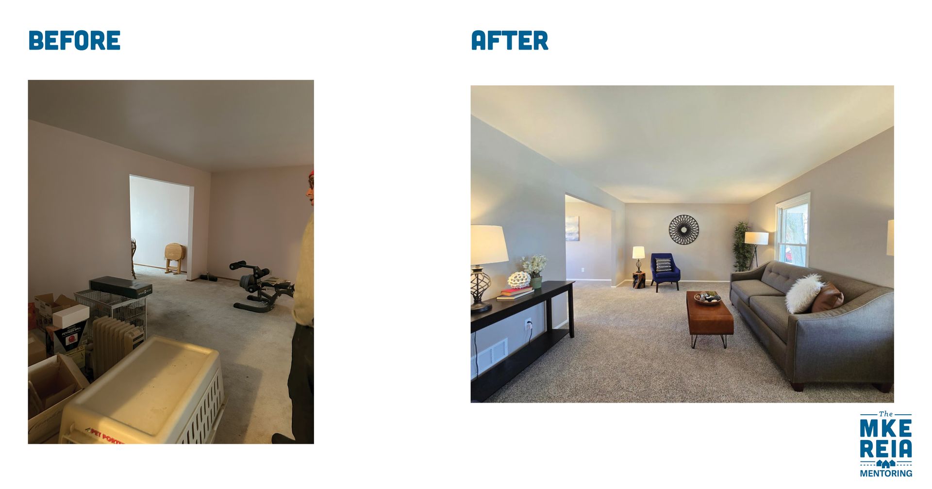 A before and after photo of a living room