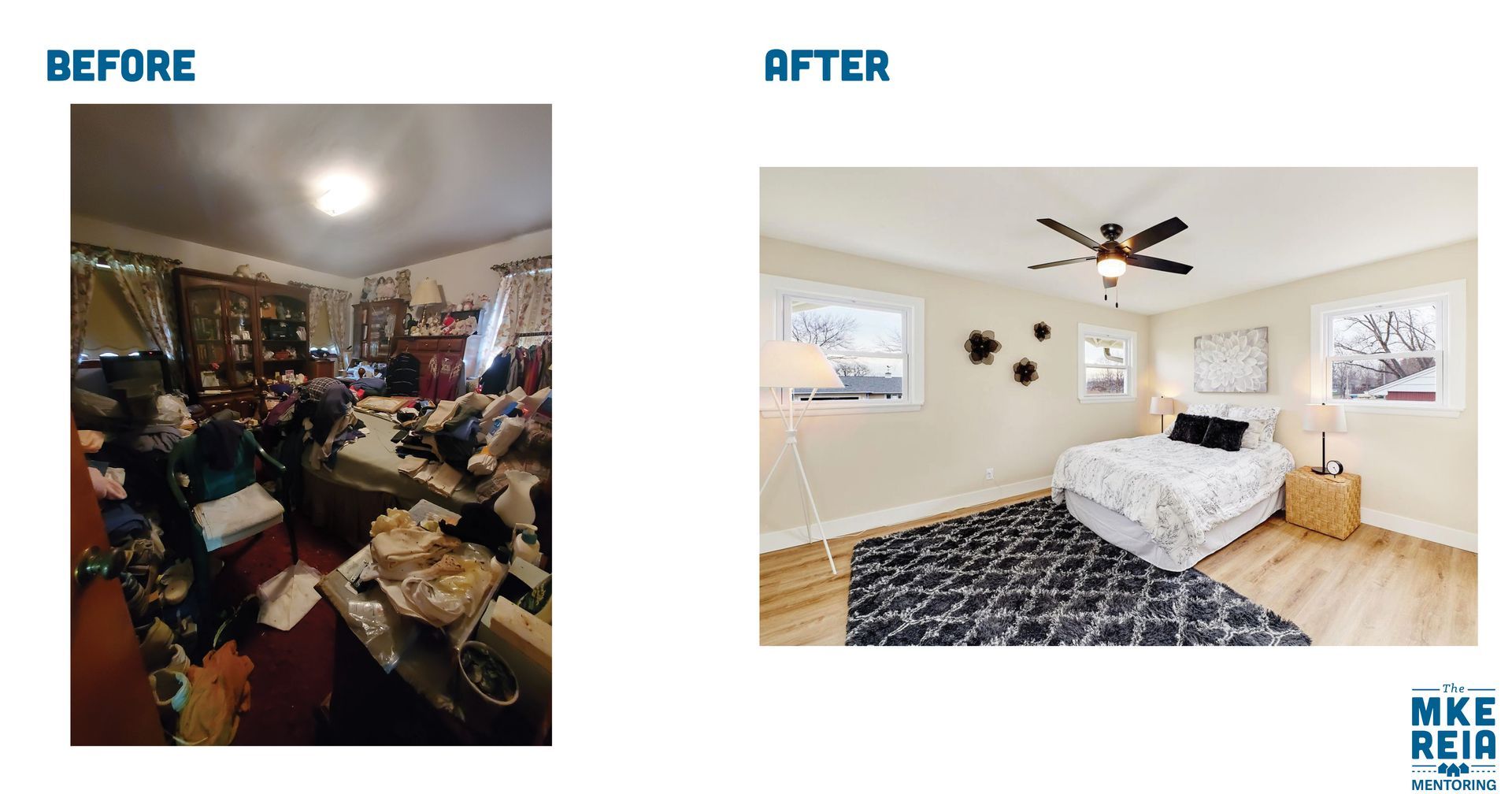 A before and after photo of a bedroom with a ceiling fan.