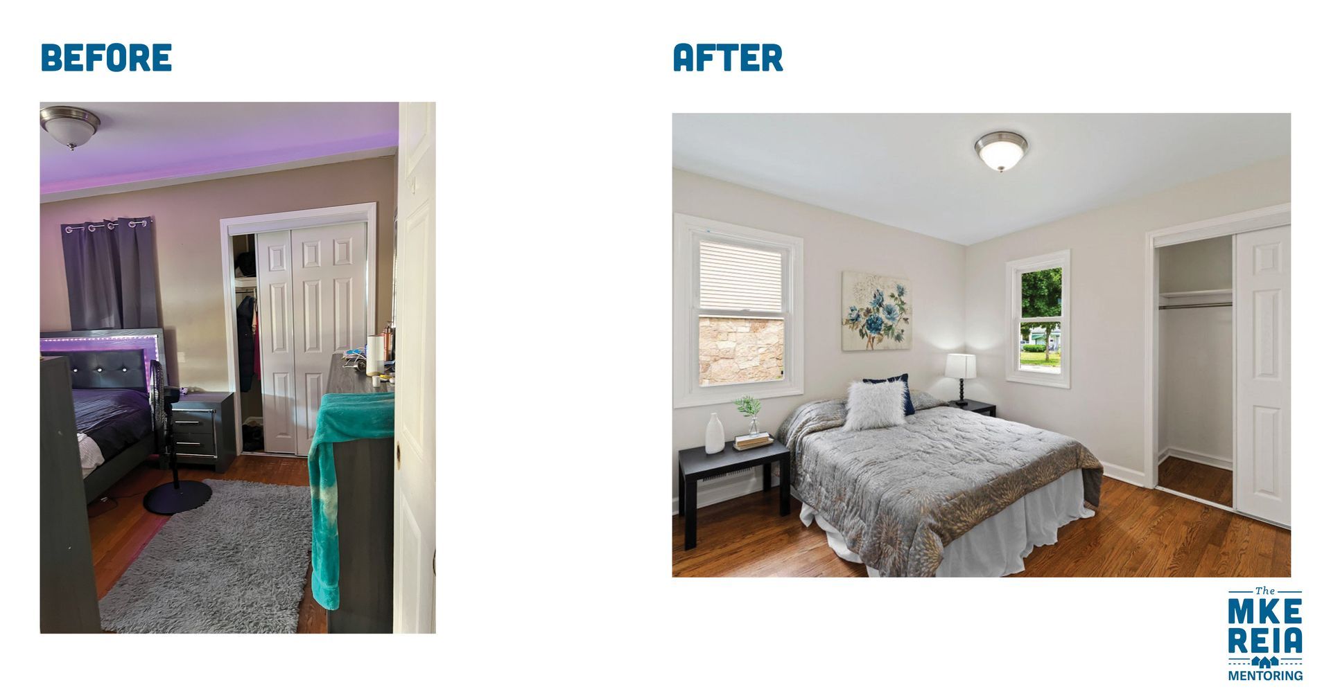 A before and after photo of a bedroom with a bed.