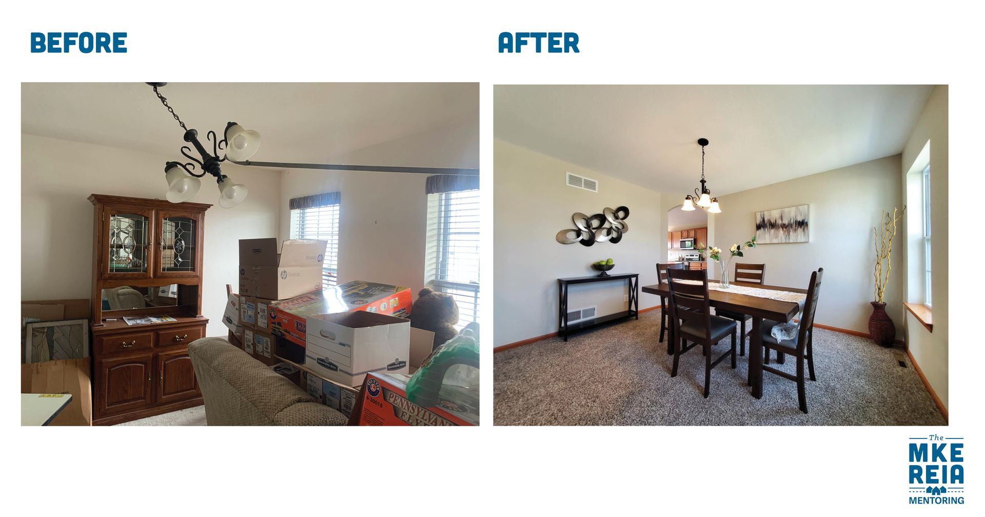 A before and after photo of a living room and dining room.