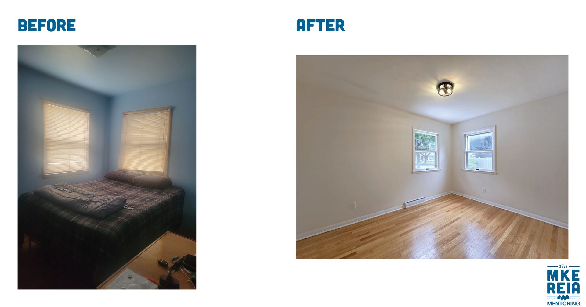 A before and after photo of a bedroom