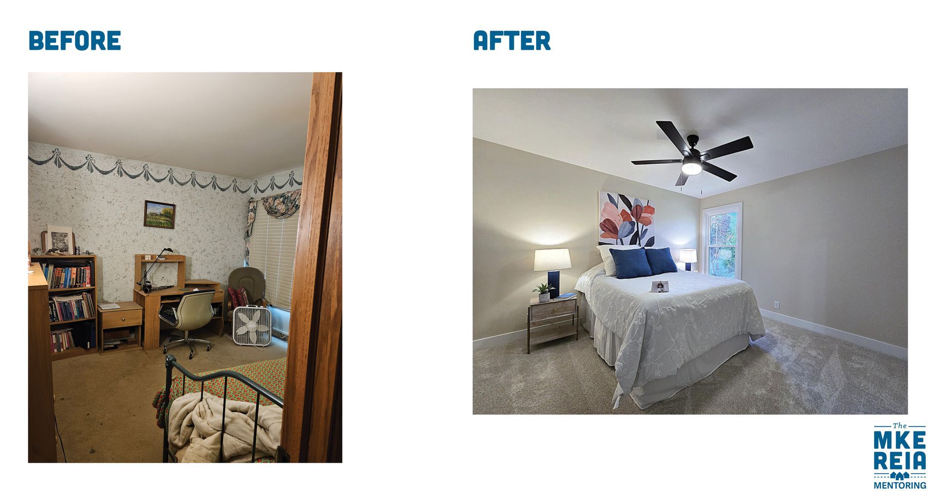 Before and after photos of a bedroom renovation