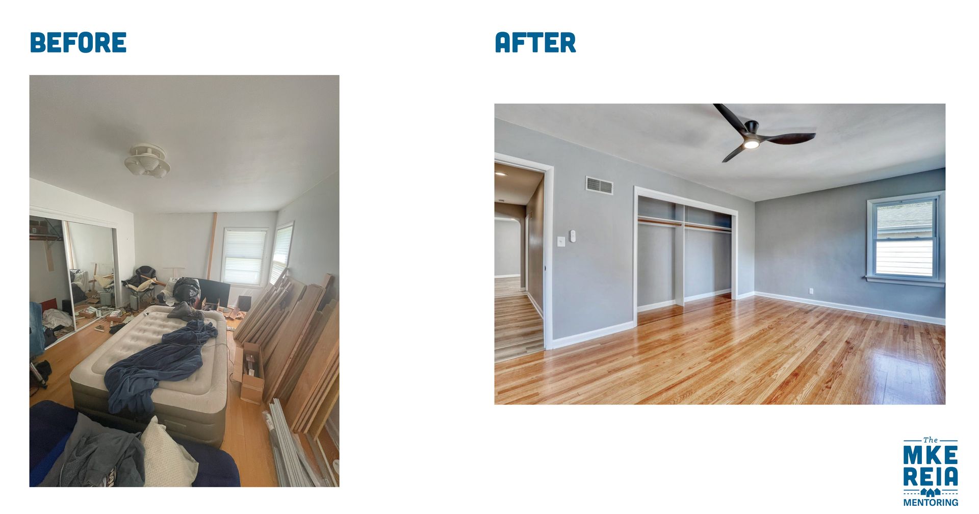 Before and after photos of a bedroom renovation