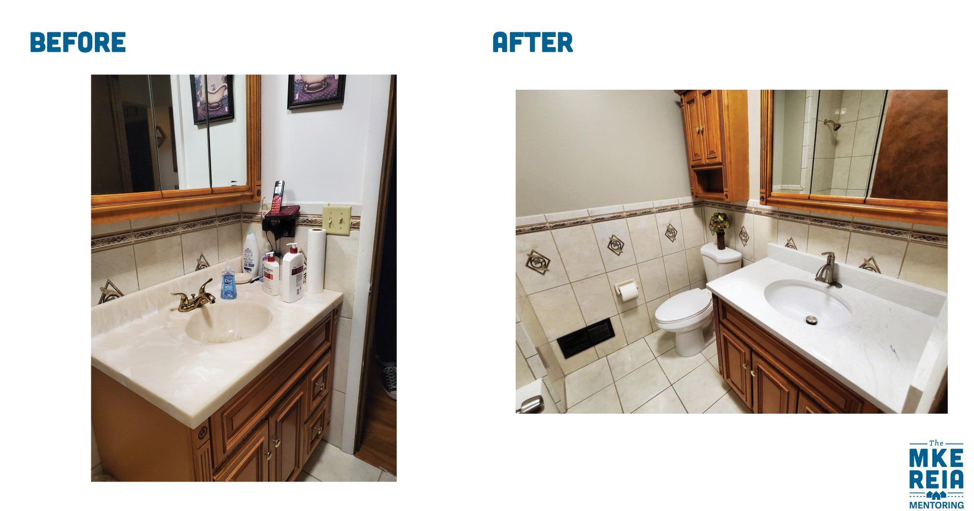 A before and after picture of a bathroom with a sink and toilet