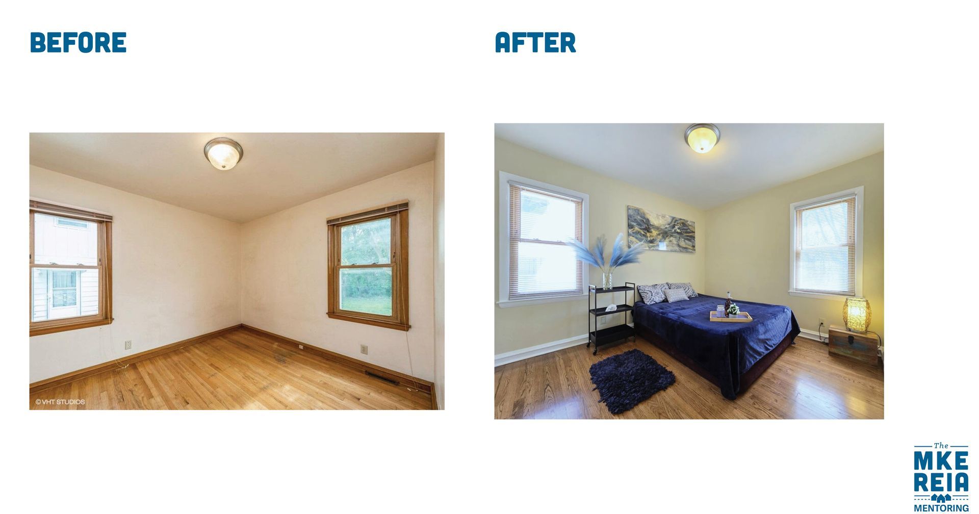 A before and after photo of a bedroom with a blue bed