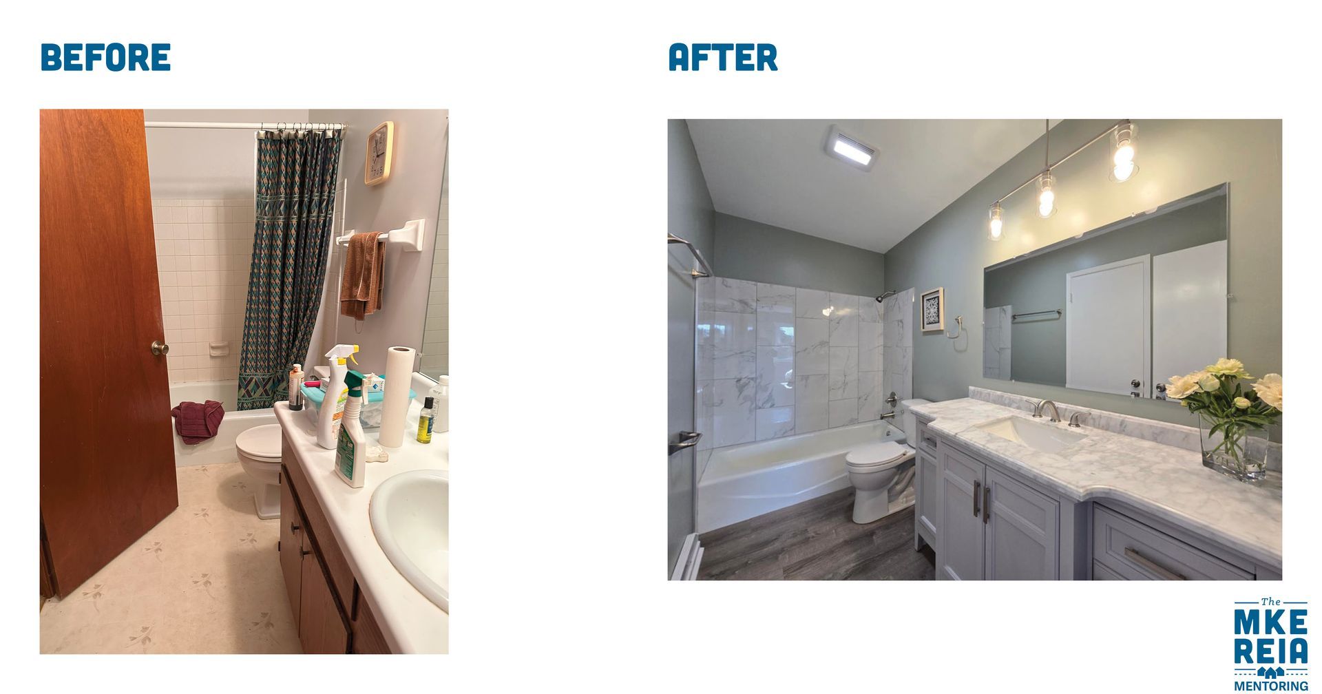 A before and after photo of a bathroom with two sinks and a bathtub.