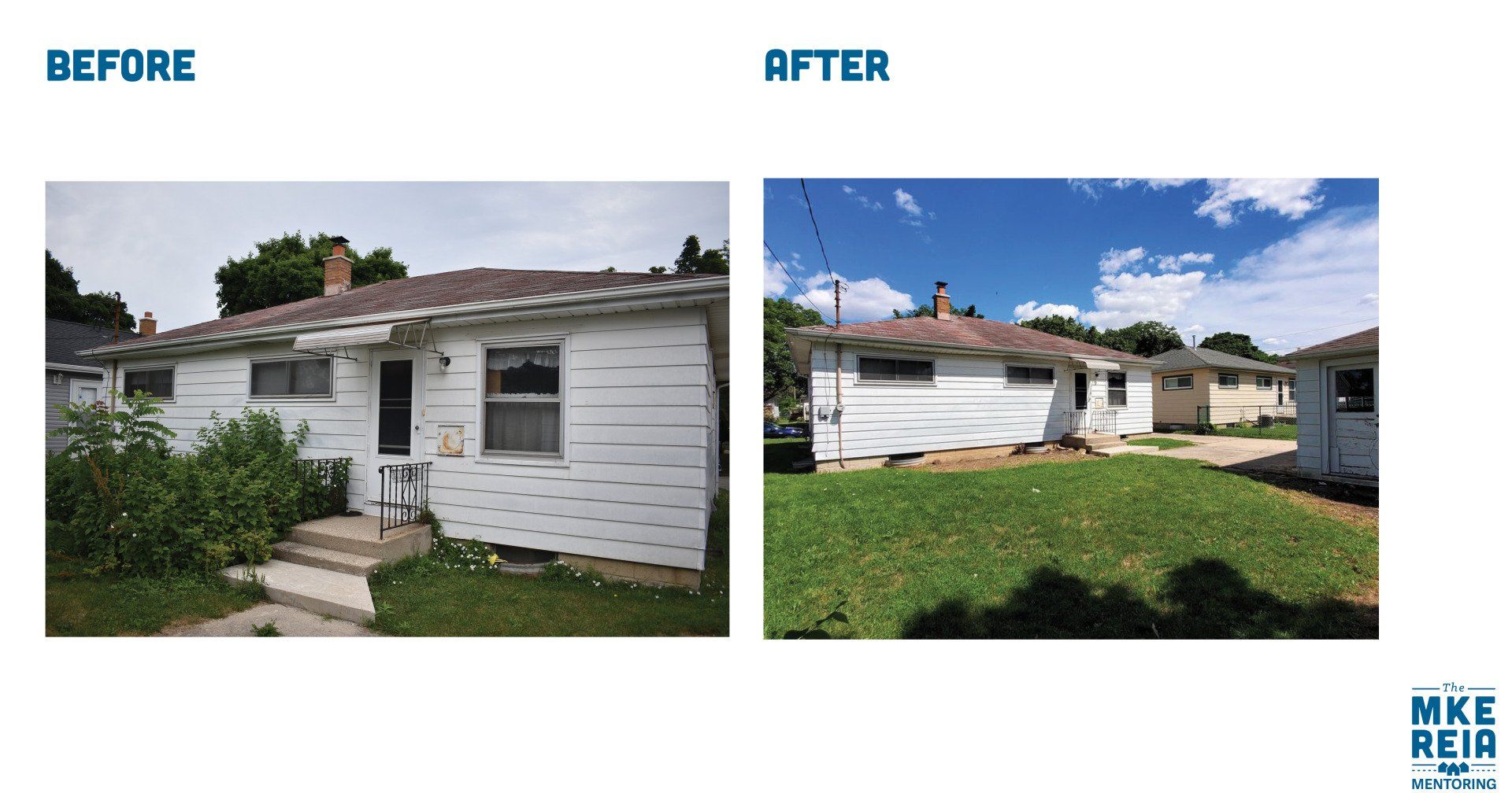 A before and after picture of a white house