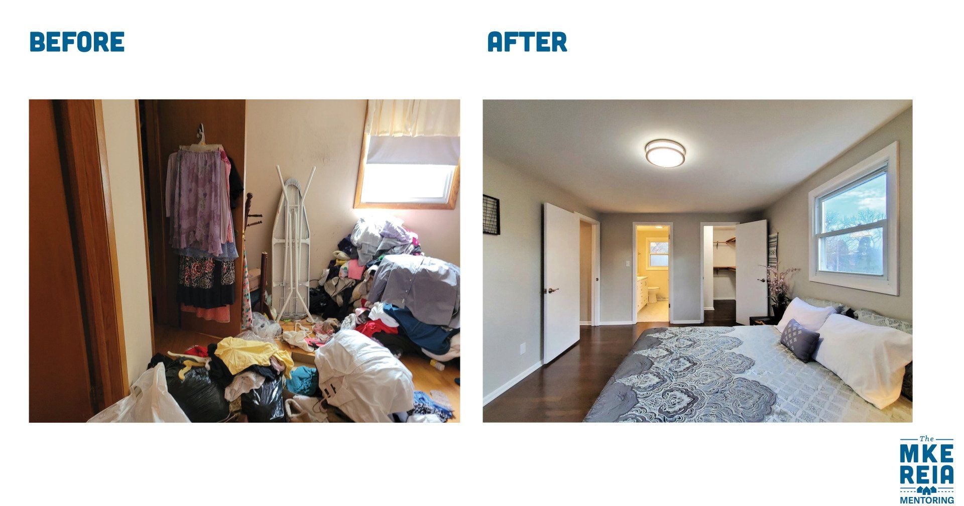 There is a before and after picture of a bedroom.