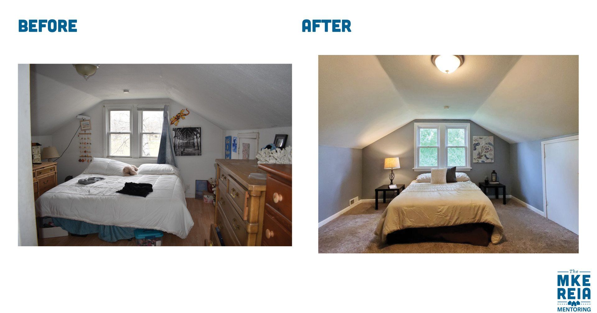 A before and after photo of a bedroom with a bed