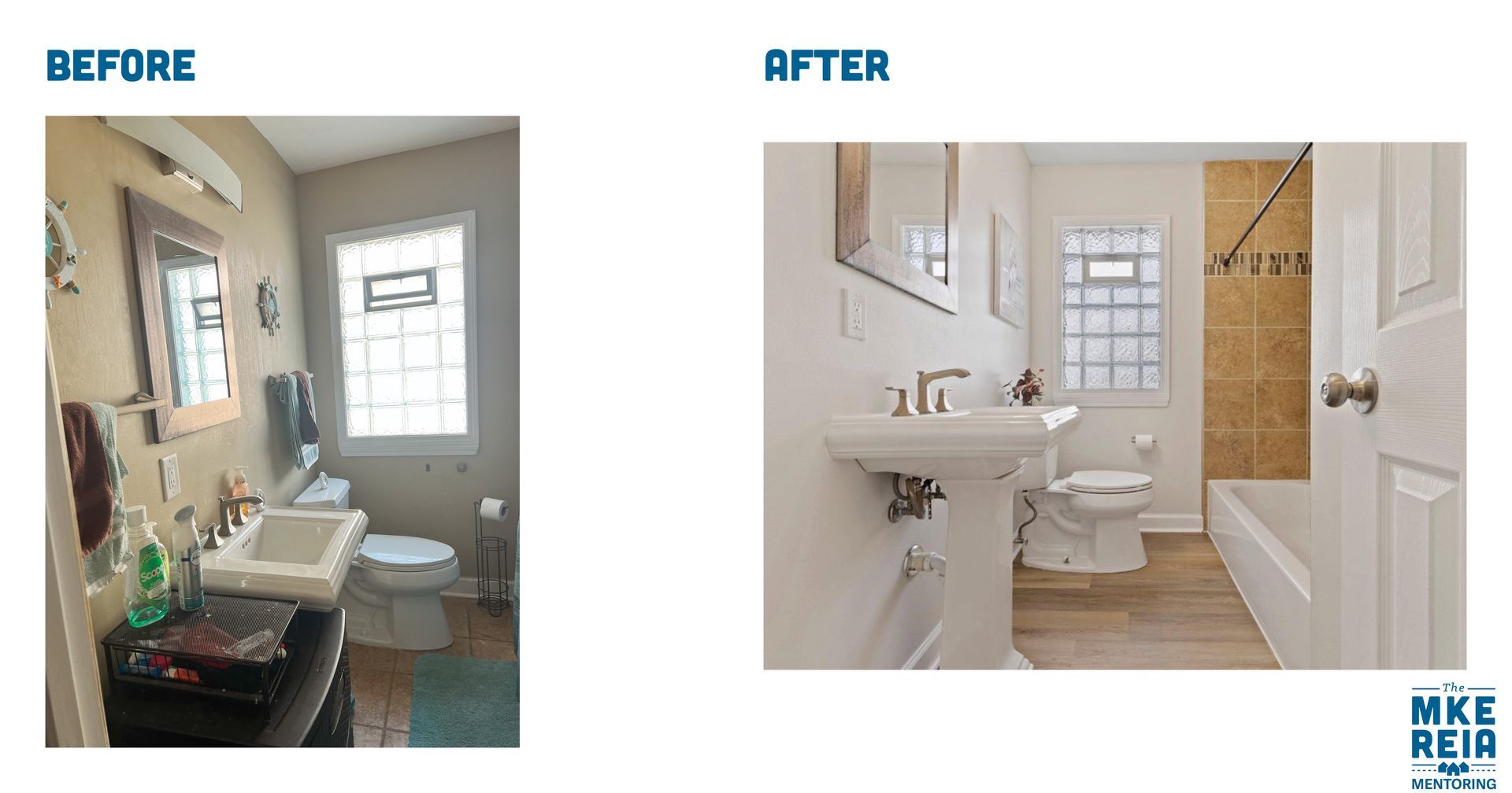 A before and after picture of a bathroom with a sink and toilet.