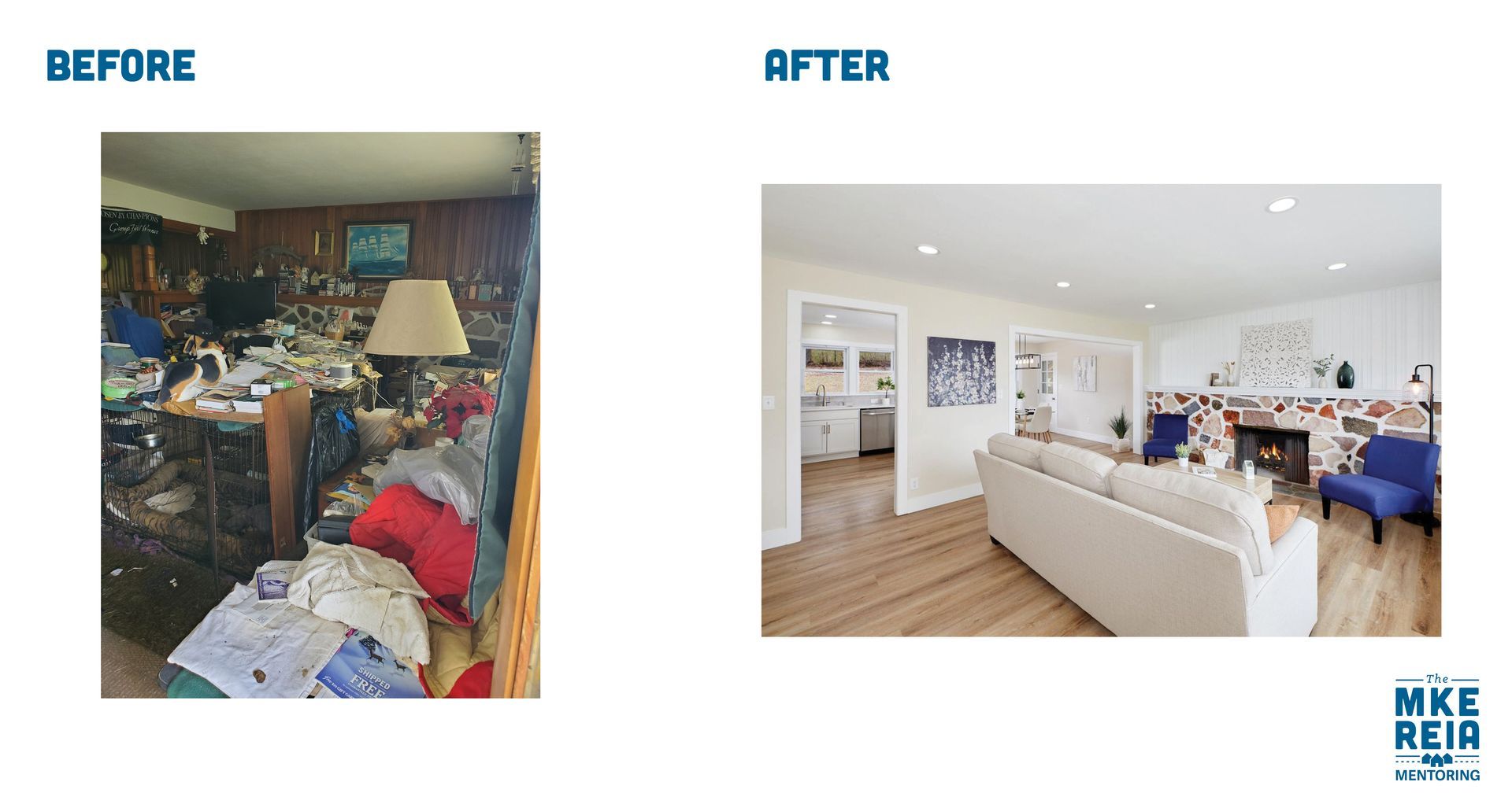 A before and after photo of a living room