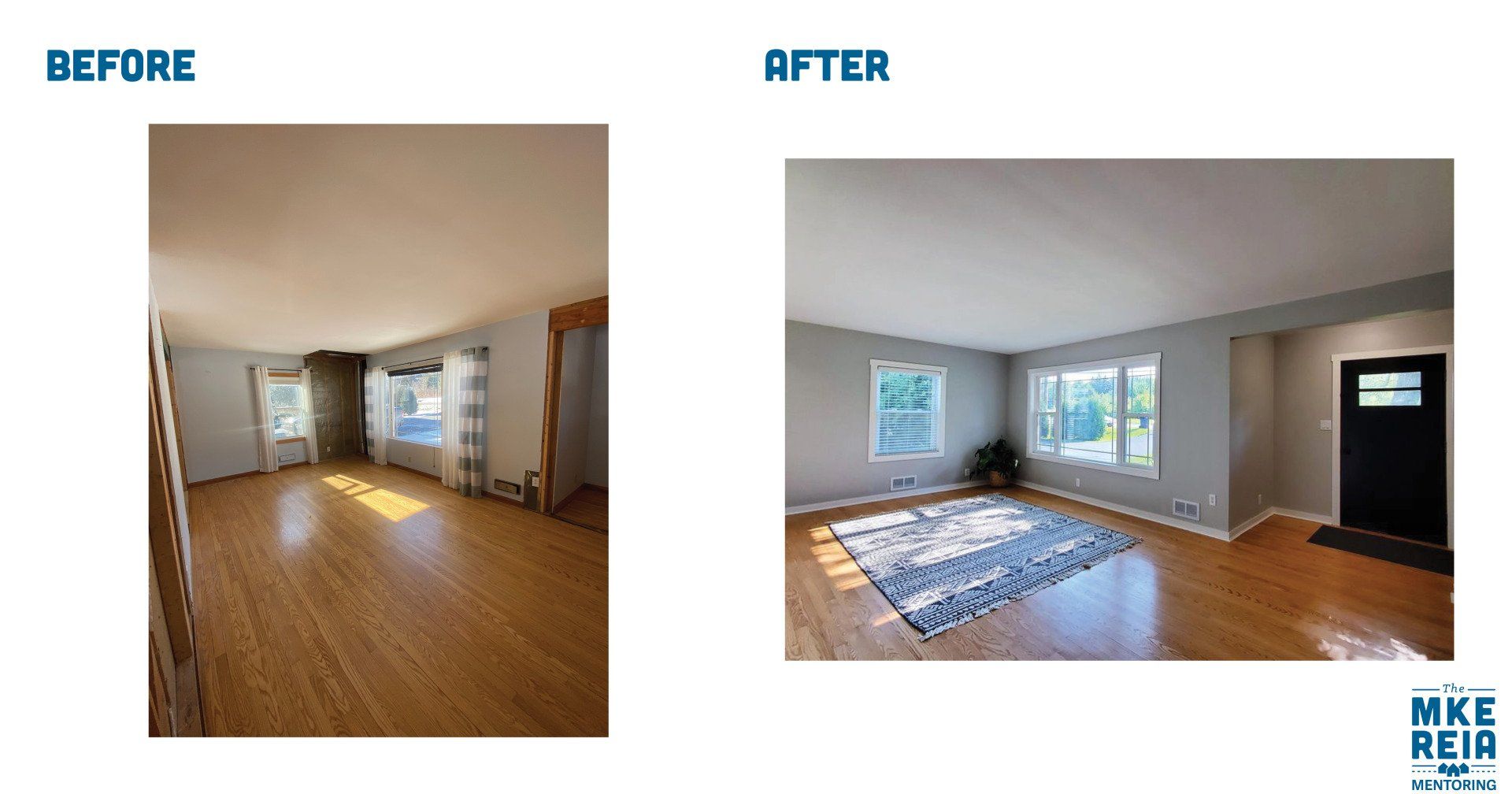A before and after photo of a living room
