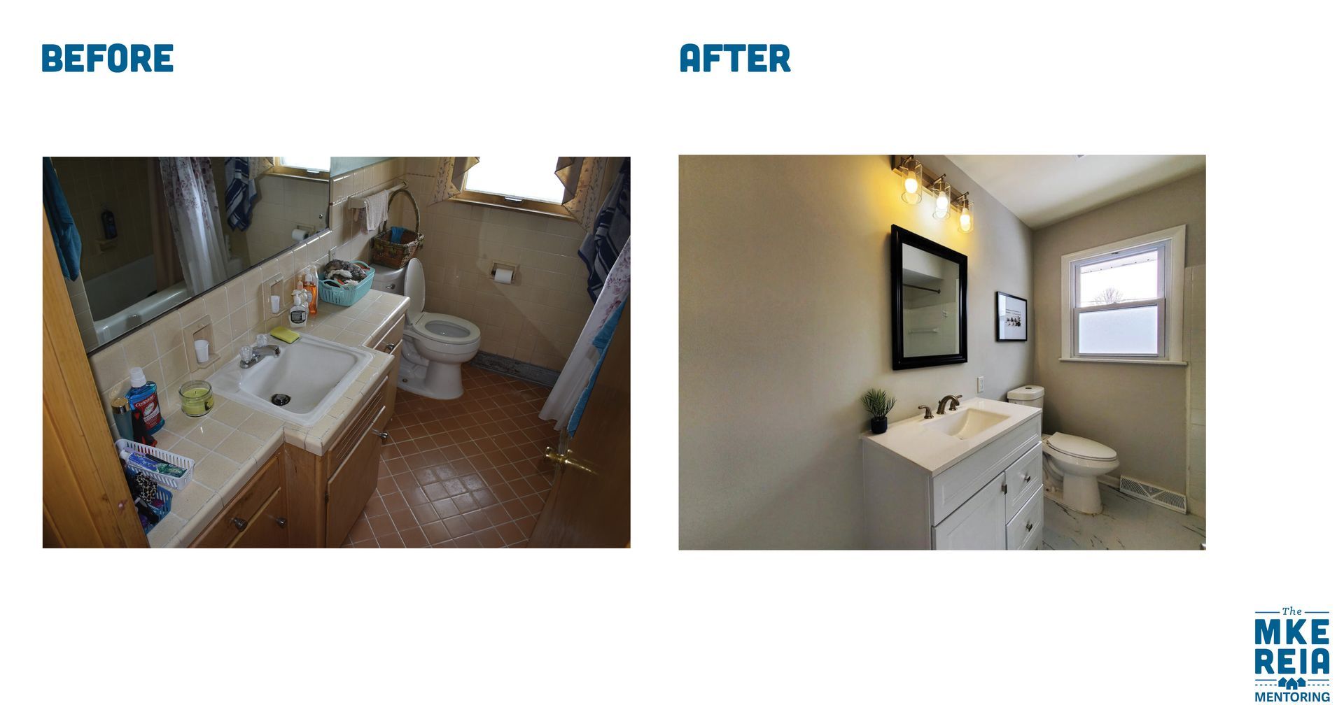 A before and after picture of a bathroom