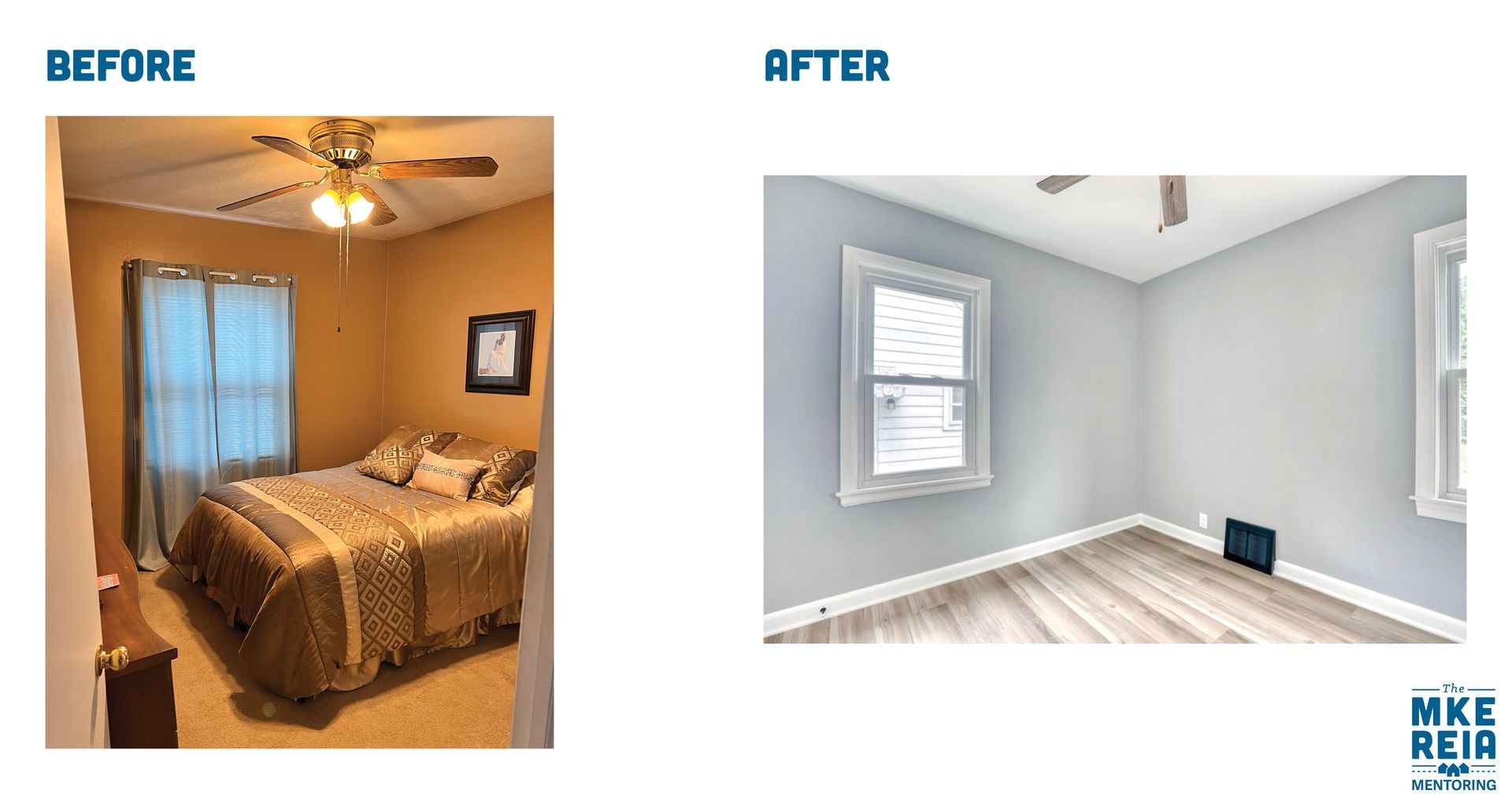 A before and after photo of a bedroom with a ceiling fan