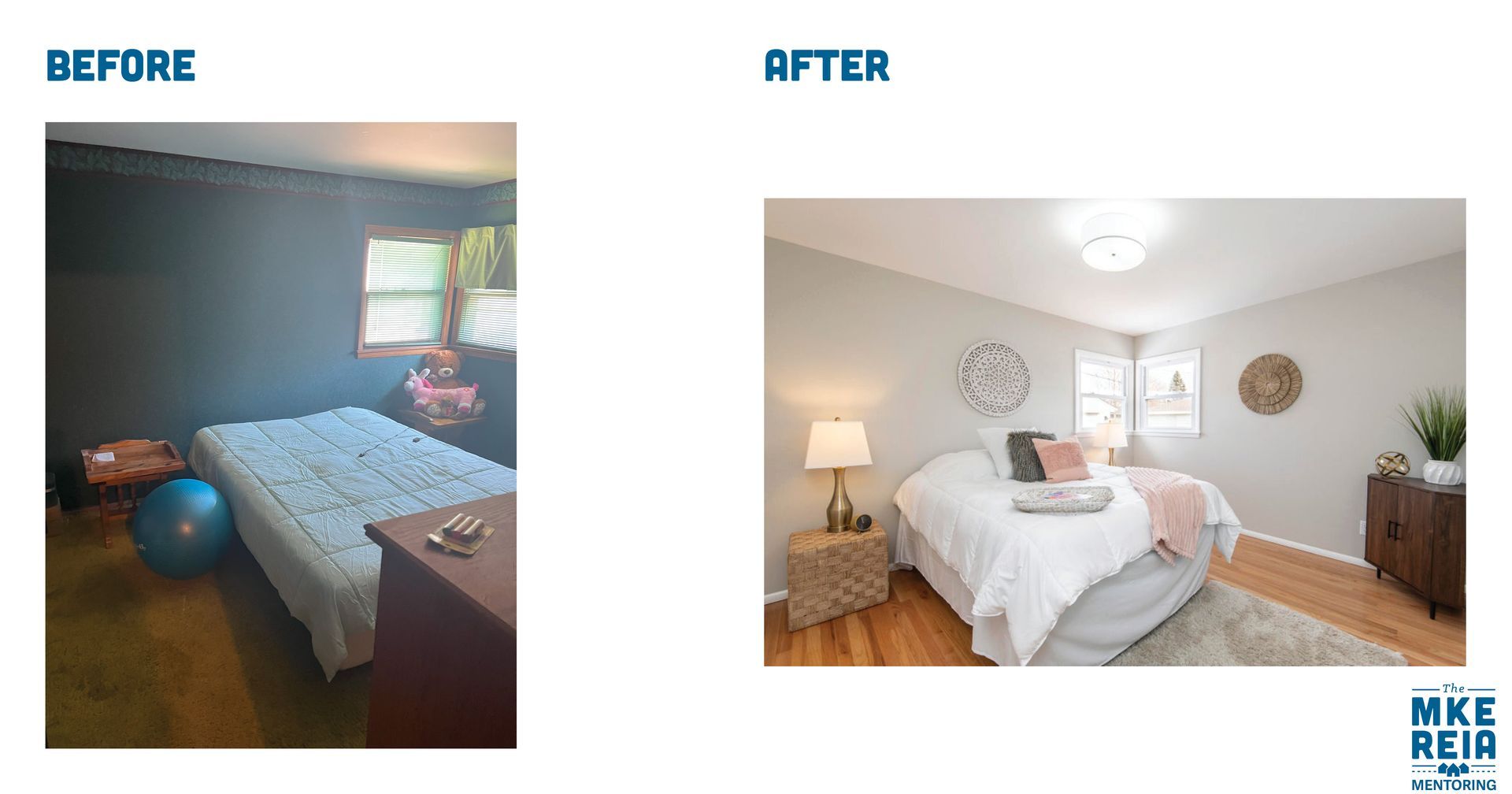 A before and after photo of a bedroom with a bed and a window.