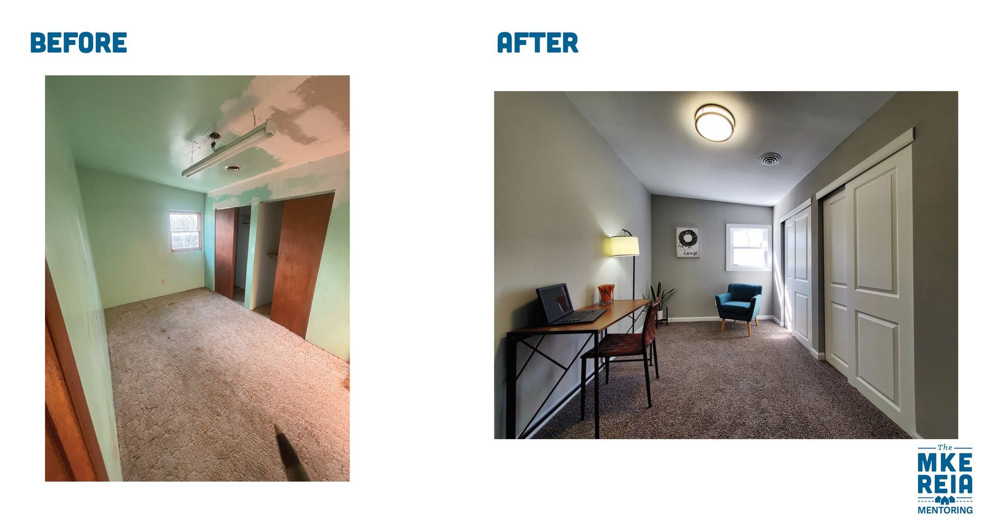 A before and after photo of a room with a desk and chair