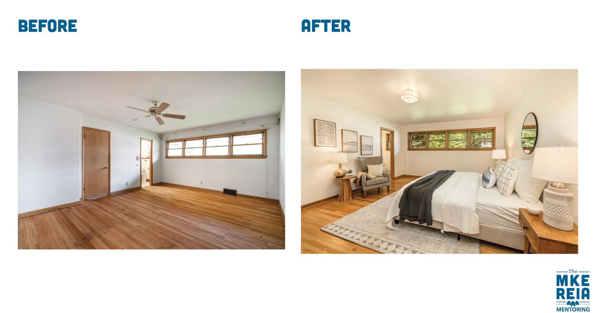 A before and after photo of a bedroom with a bed and a ceiling fan.