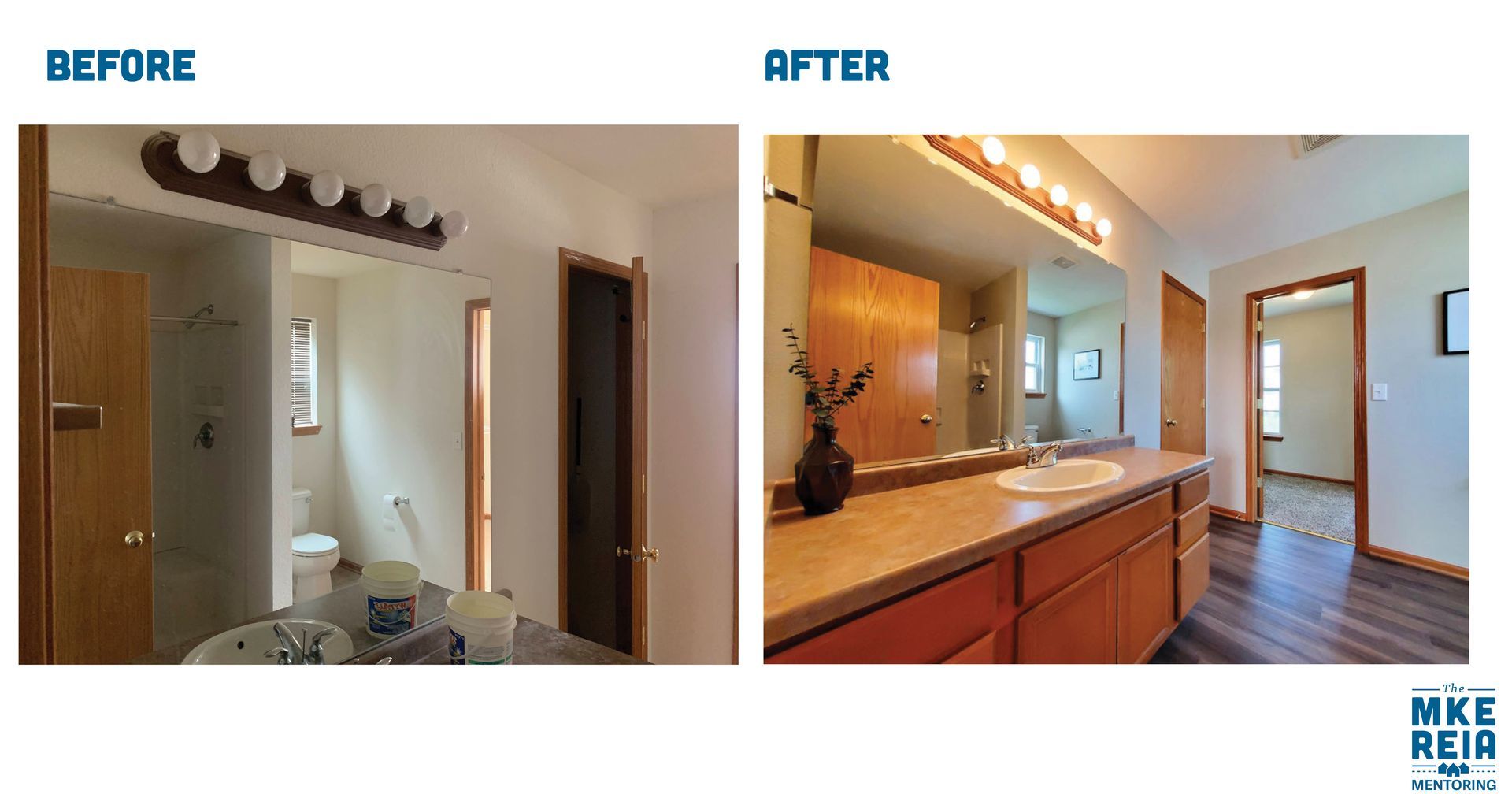 A before and after photo of a bathroom with a large mirror.