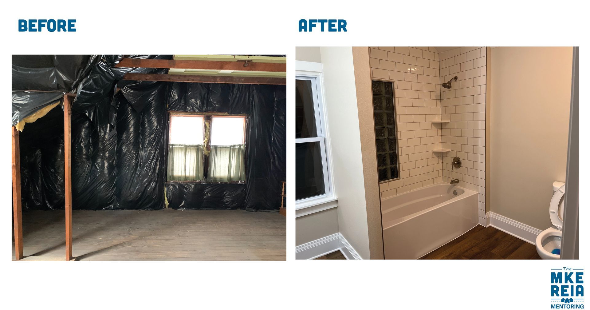 A before and after picture of a bathroom.