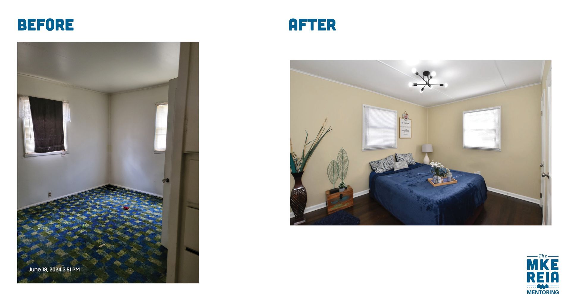 Before and after photos of a bedroom renovation