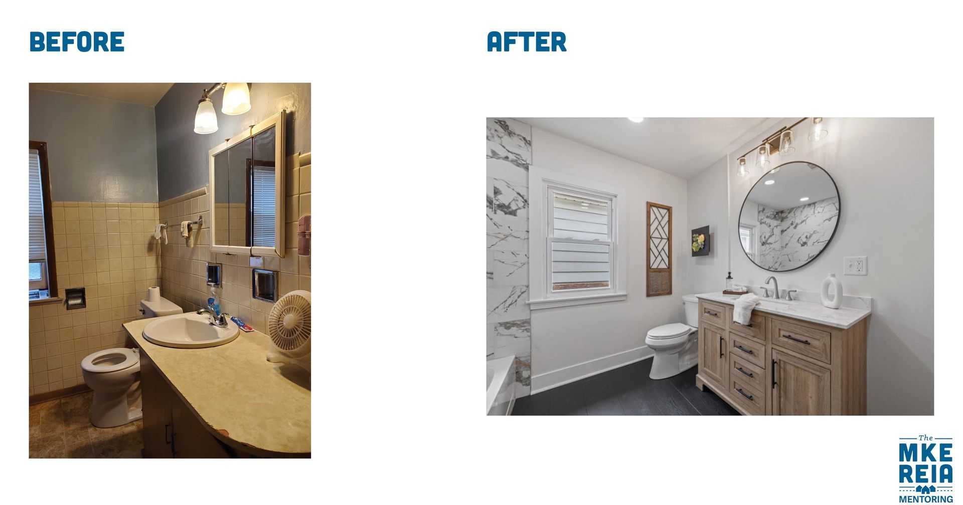 A before and after picture of a bathroom with a sink , toilet and mirror.