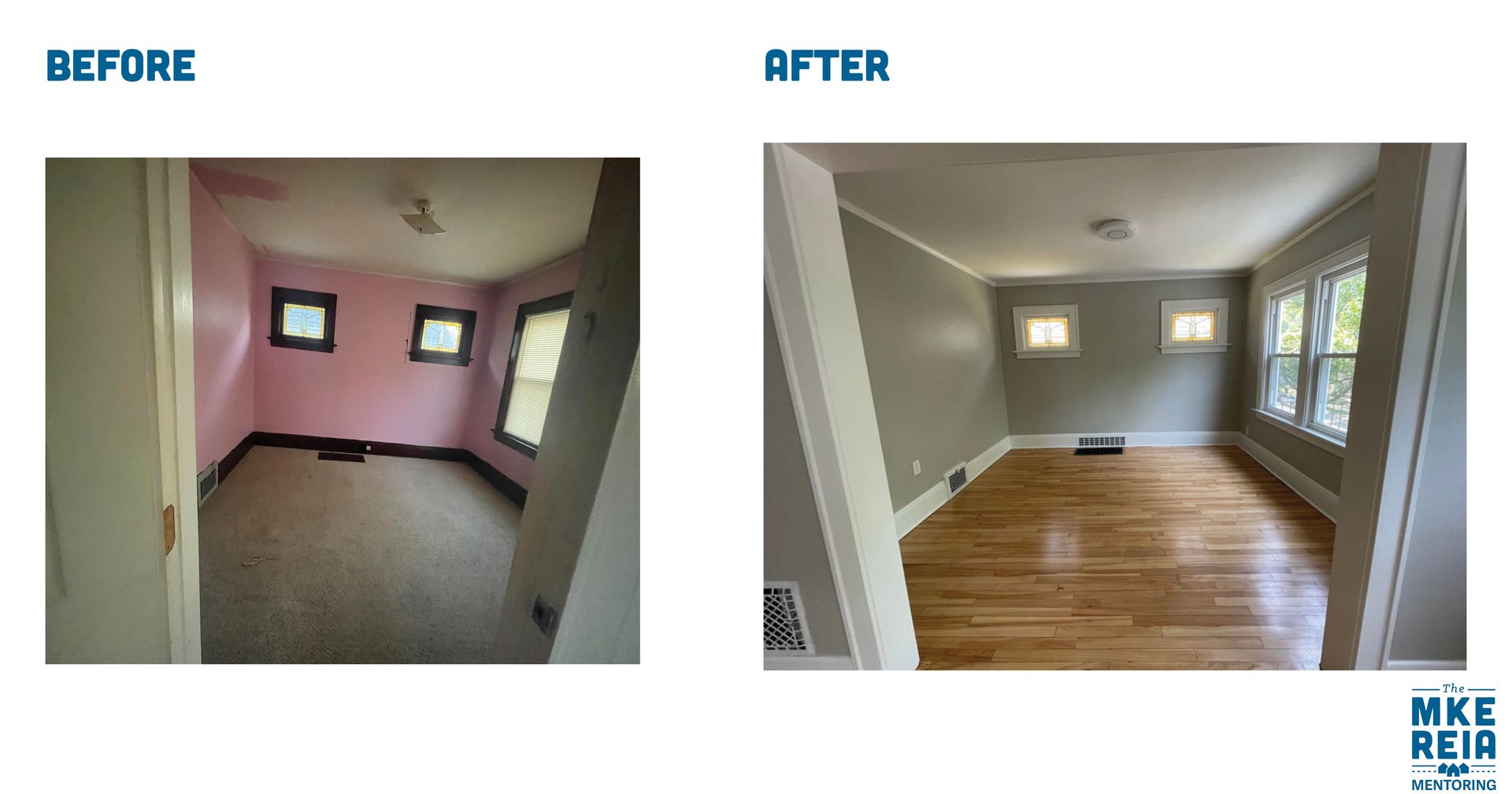 A before and after photo of a room with pink walls
