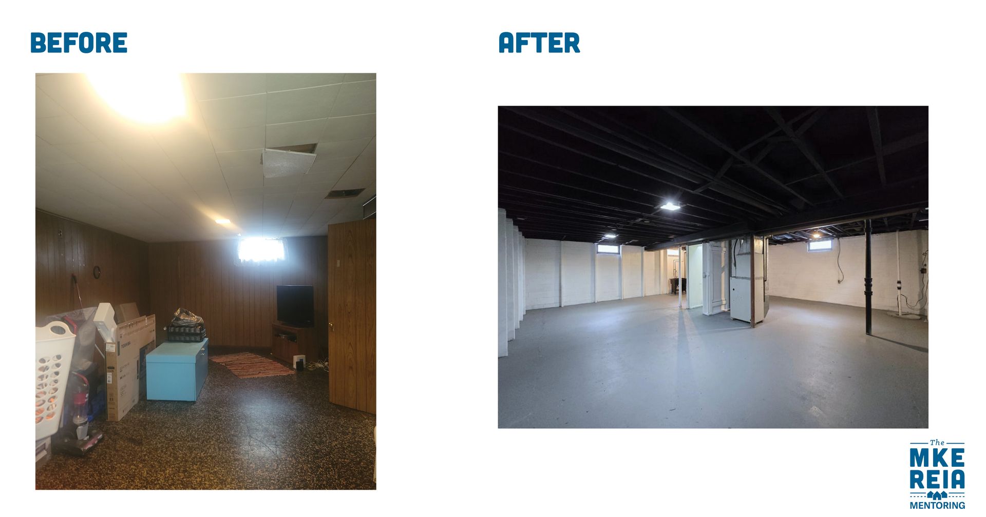 A before and after photo of a basement