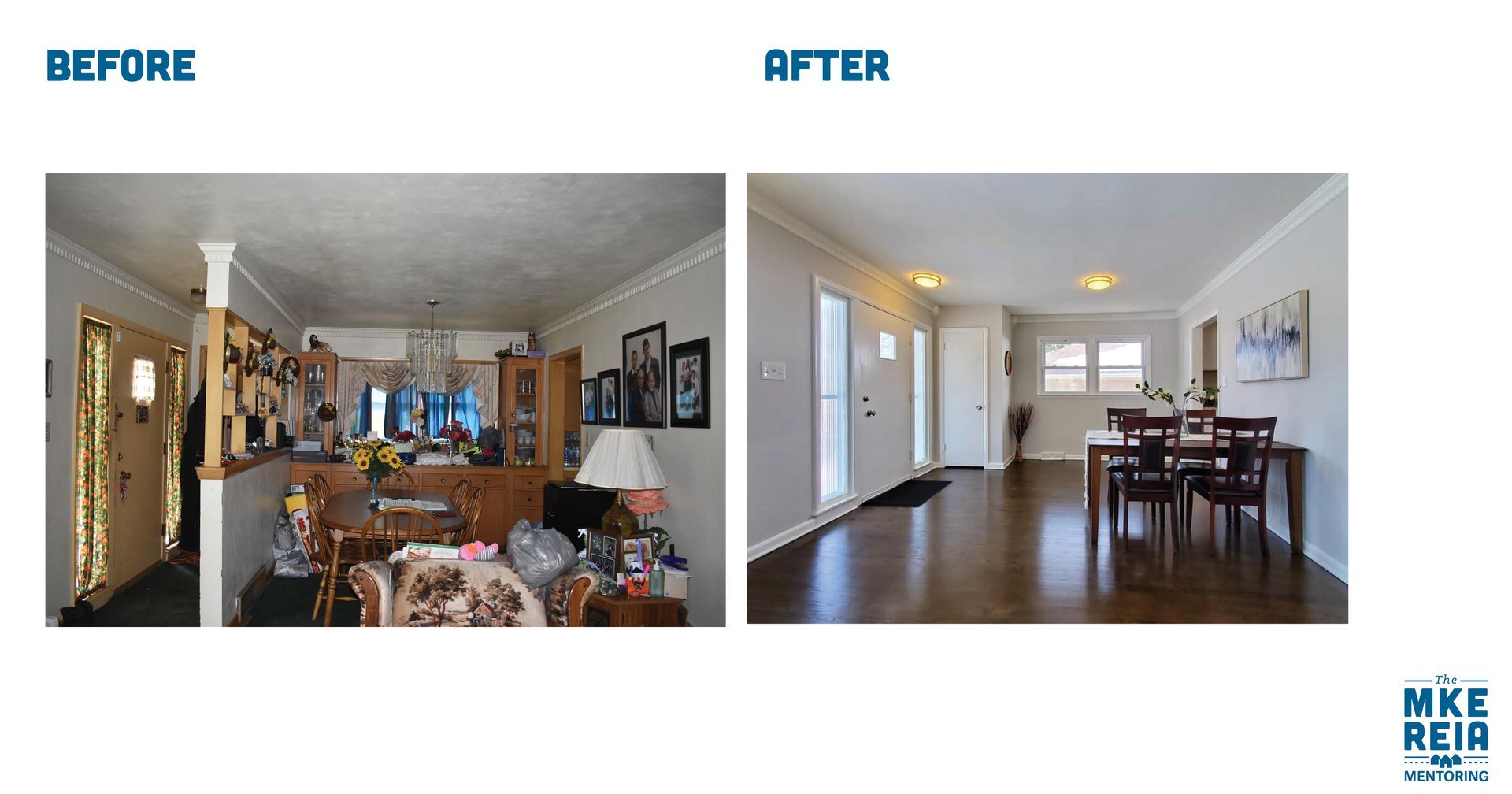 A before and after photo of a living room and dining room