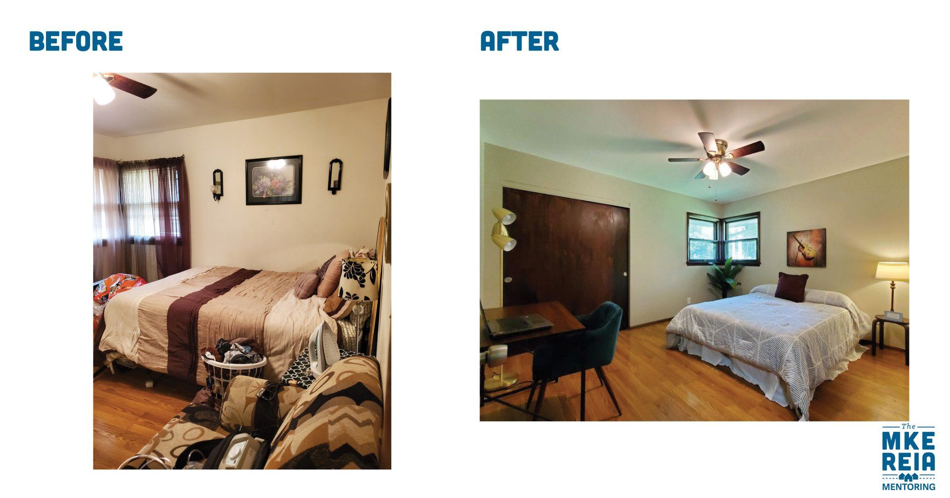 A before and after photo of a bedroom by mike asia