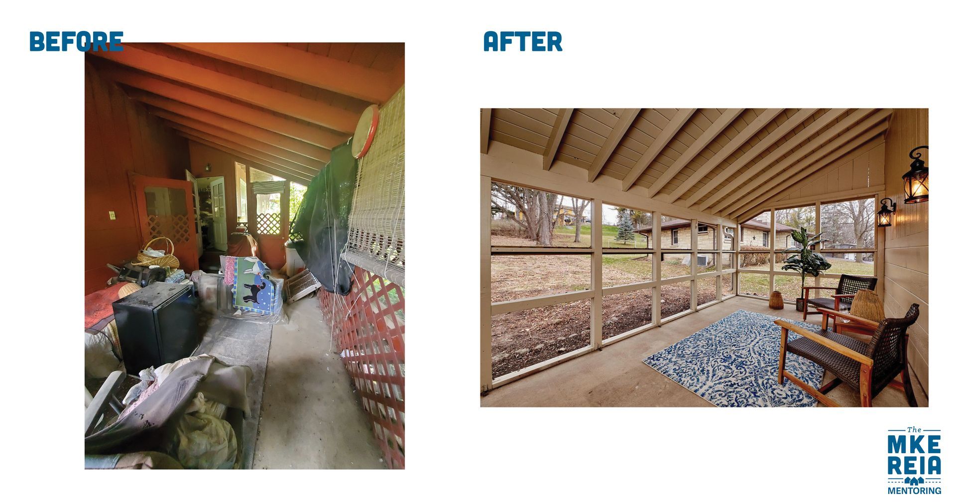 A before and after picture of a screened in porch