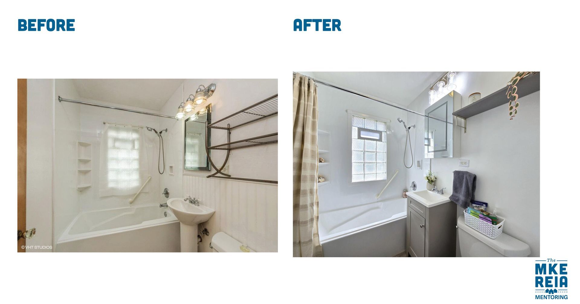 A before and after picture of a bathroom.