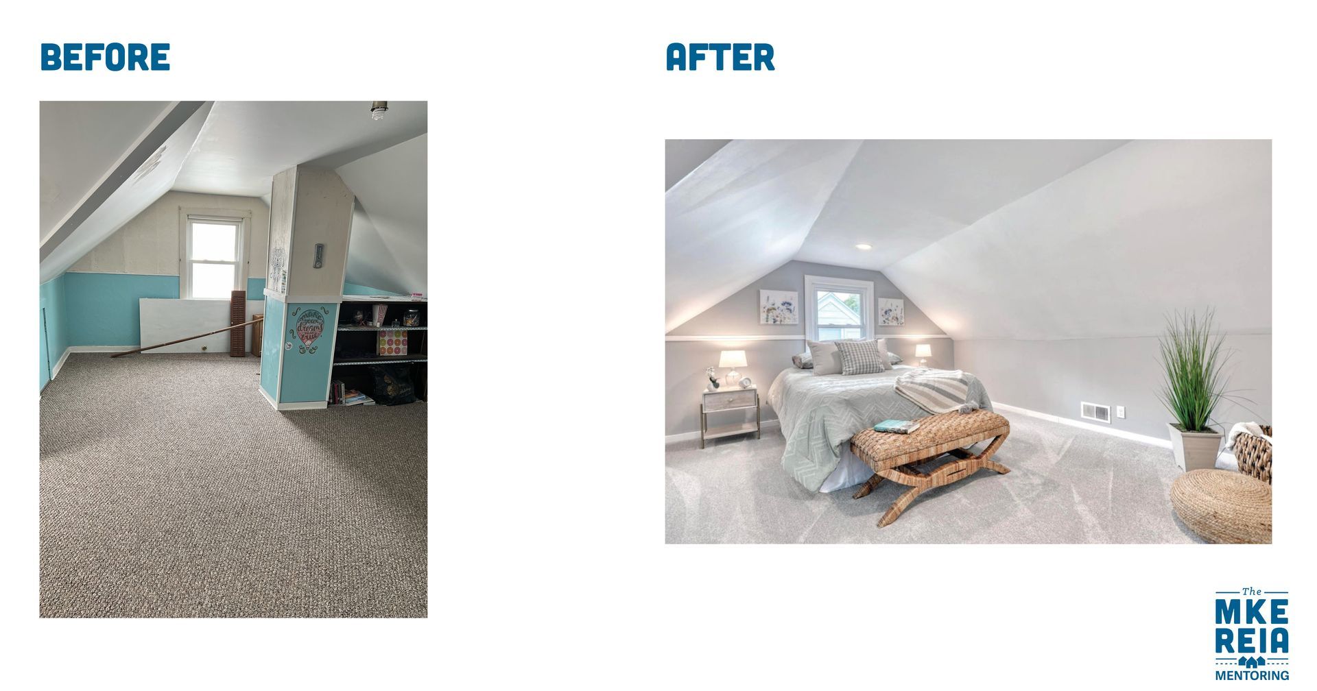 A before and after photo of an attic bedroom.