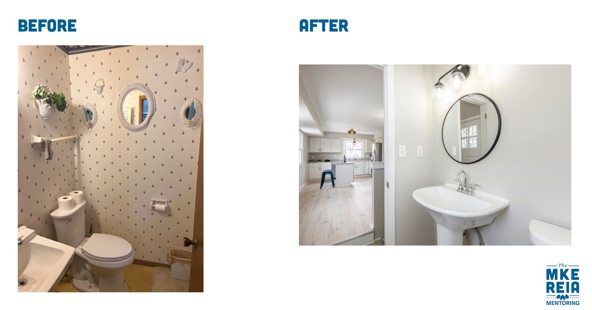 A before and after picture of a bathroom with polka dot wallpaper