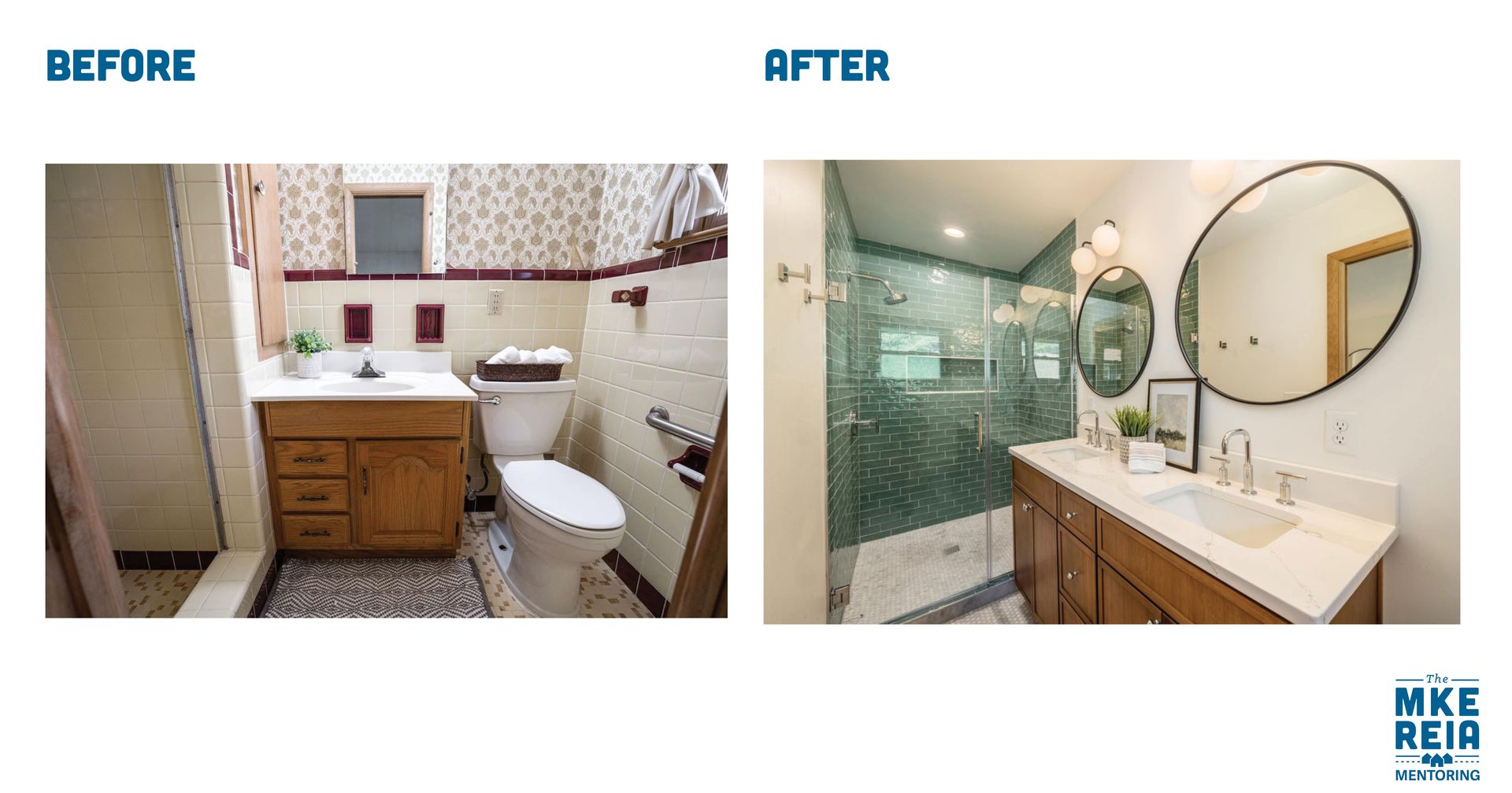 There is a before and after picture of a bathroom.