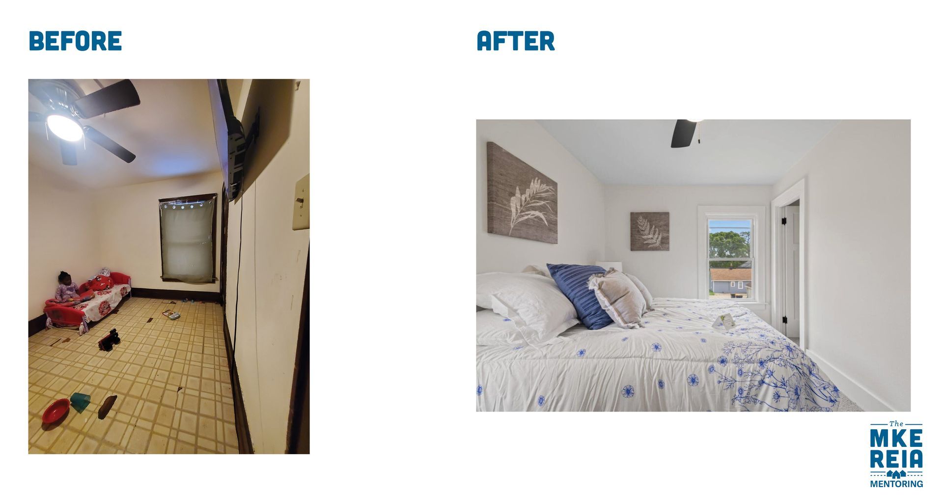 A before and after photo of a bedroom with a bed.