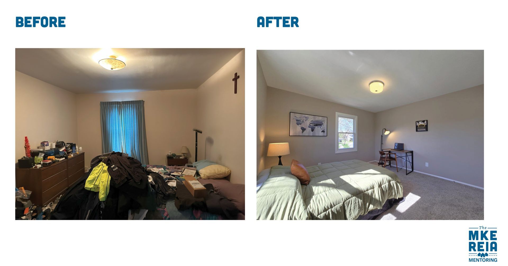 A before and after photo of a bedroom with a cross on the wall