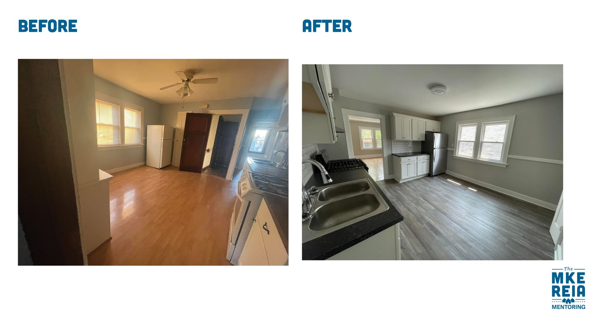 A before and after photo of a living room and kitchen.