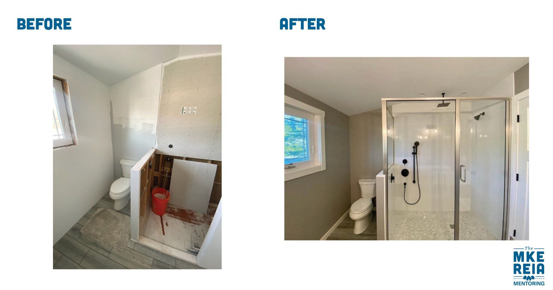 A before and after picture of a bathroom with a toilet and shower.