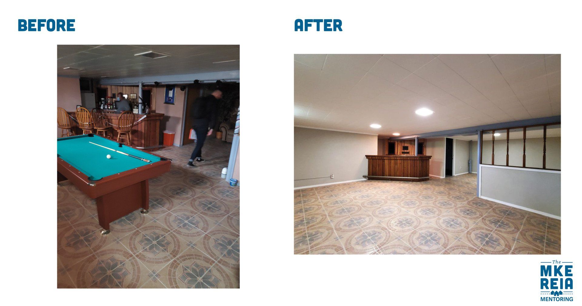 A before and after photo of a pool table in a basement.