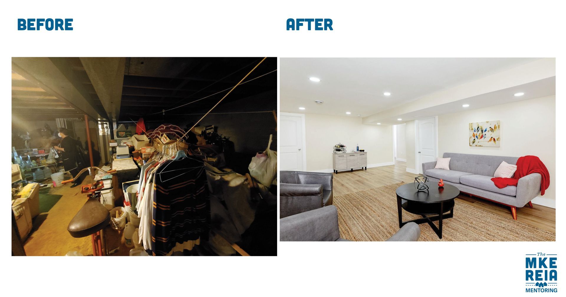 A before and after photo of a living room