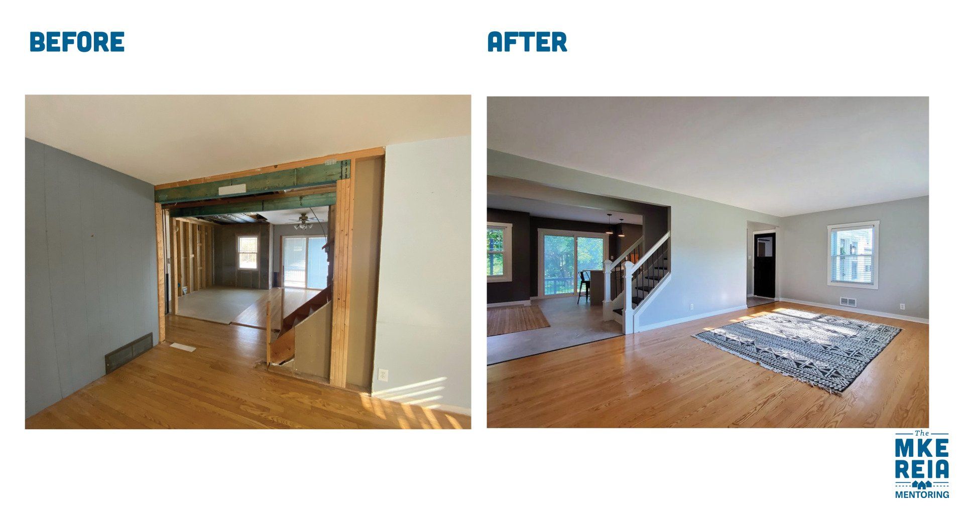 A before and after photo of a living room.