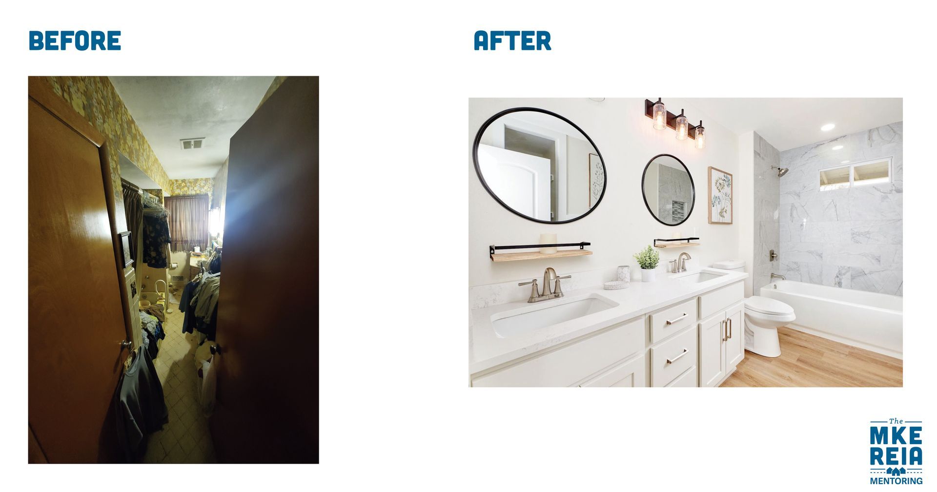 A before and after picture of a bathroom