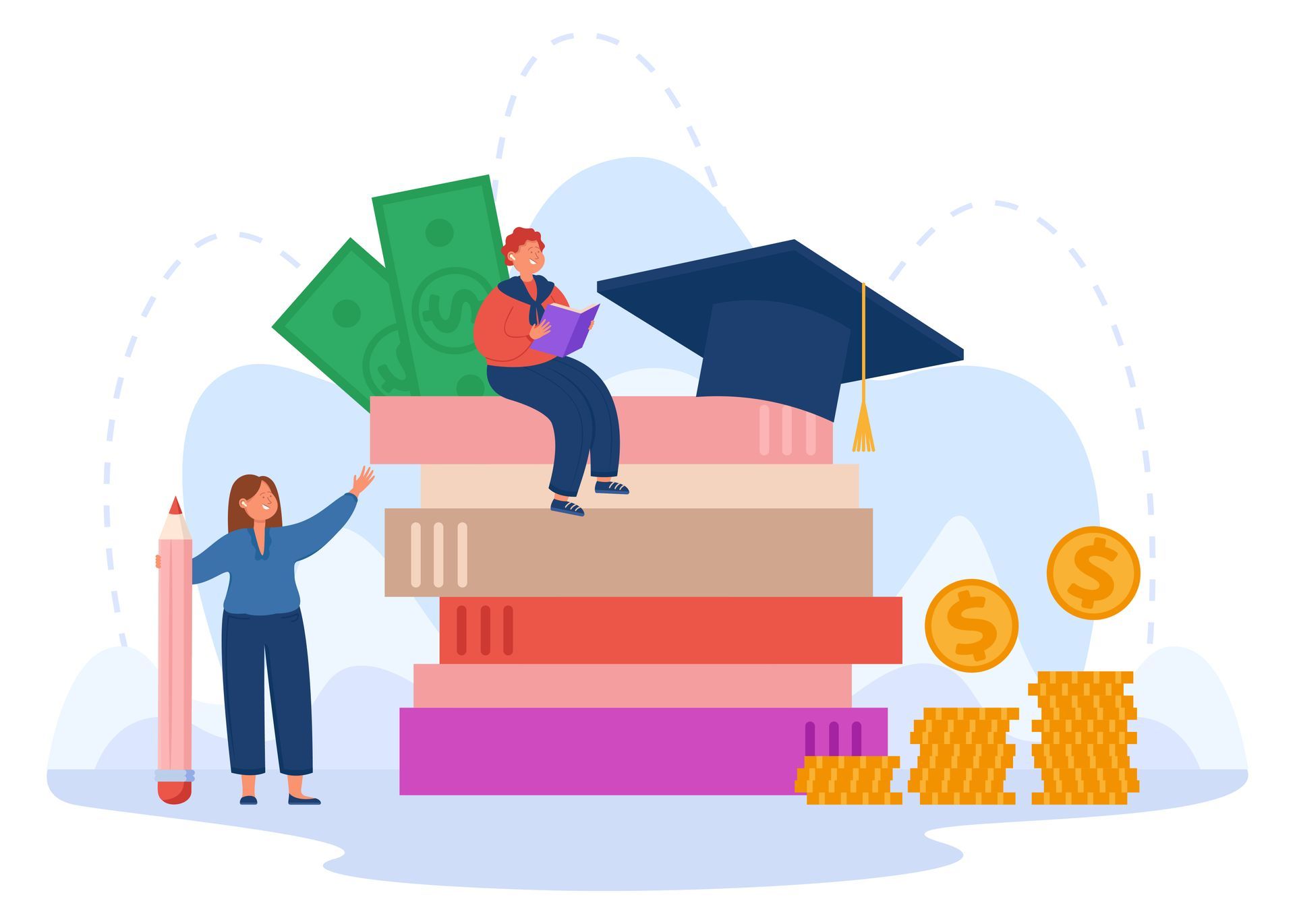 A man and a woman are sitting on top of a stack of books.