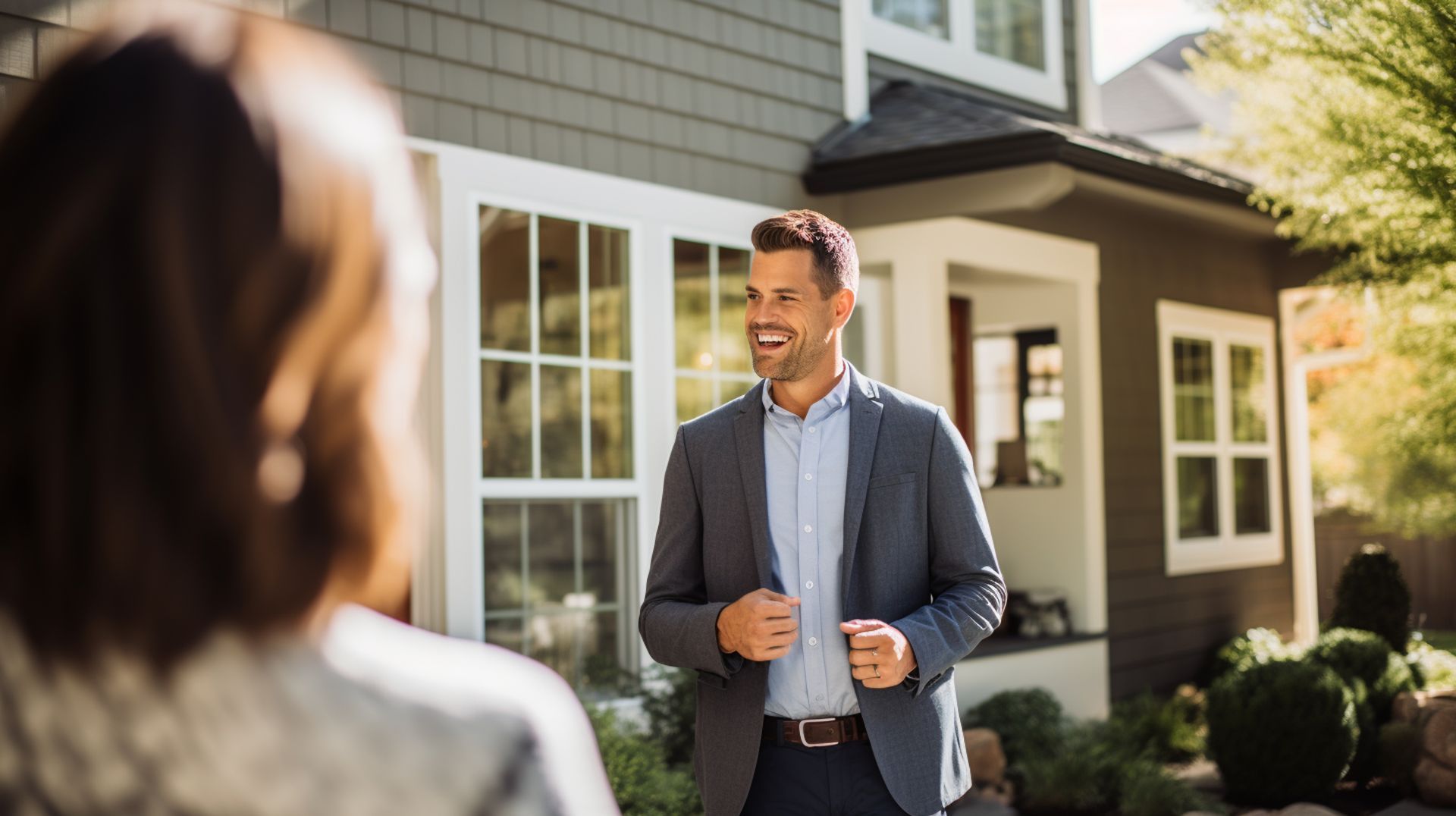 A man in a suit is standing in front of a house talking to a woman.