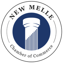 New Melle Chamber of Commerce logo: white circle with dark blue center, pillar, and text.