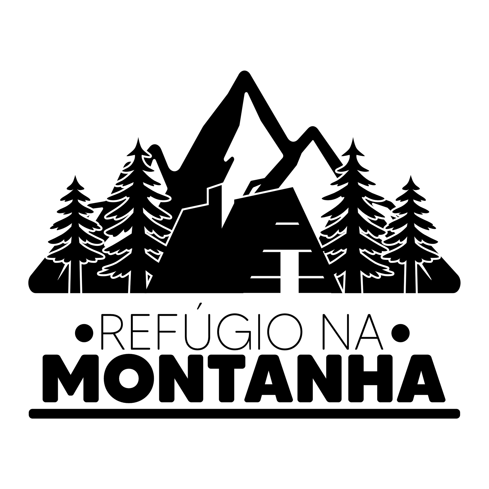 Black mountain lodge logo with pine trees and the text “REFÚGIO NA MONTANHA”