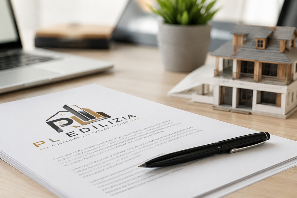 Contratto immobiliare su una scrivania con una penna e un modellino di casa sullo sfondo.