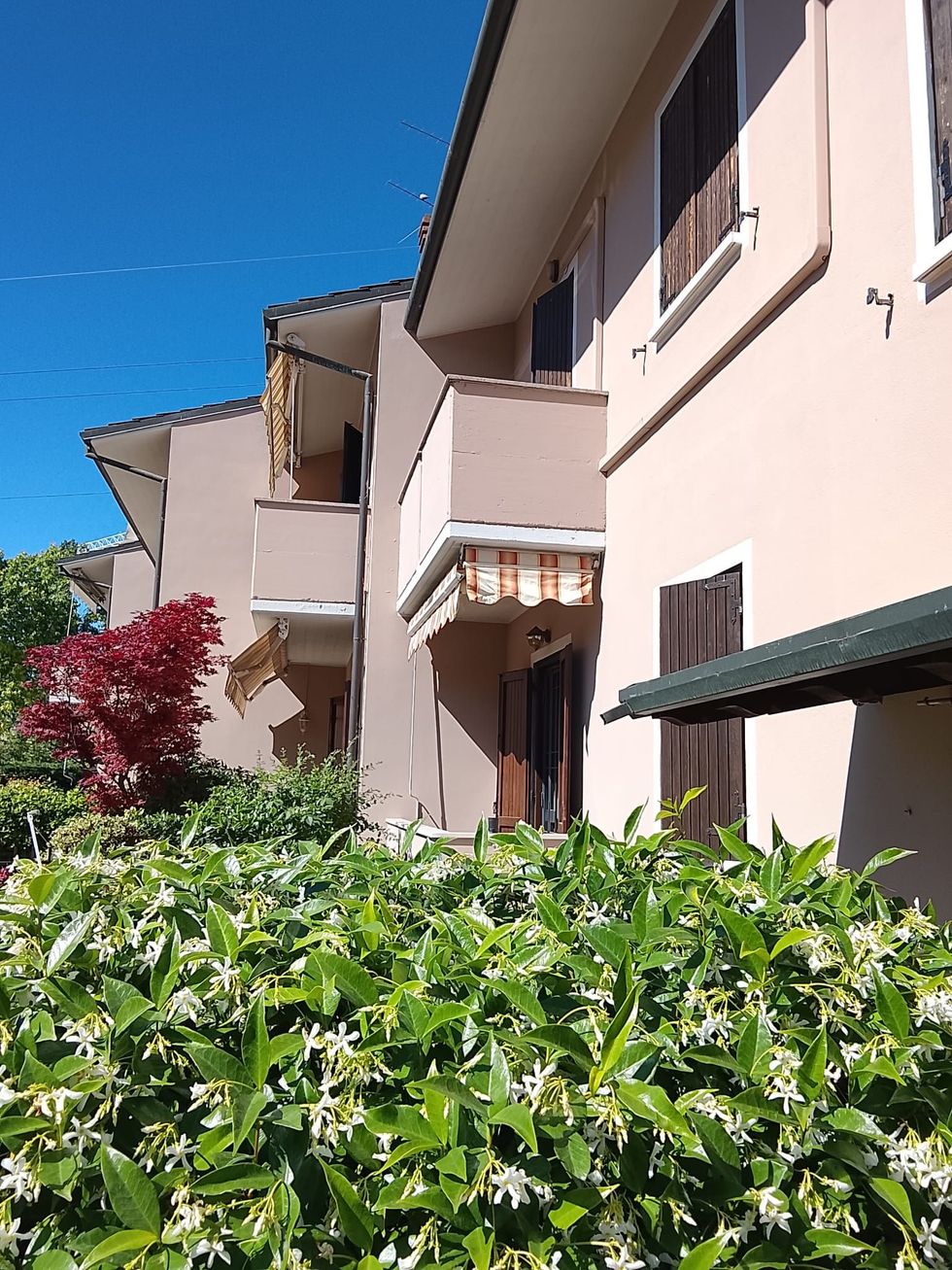 Impalcatura accanto al balcone di un edificio color pesca con supporti blu e arbusto verde sottostante.