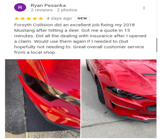 Two red sports car front-end damage photos shown under a positive customer review.